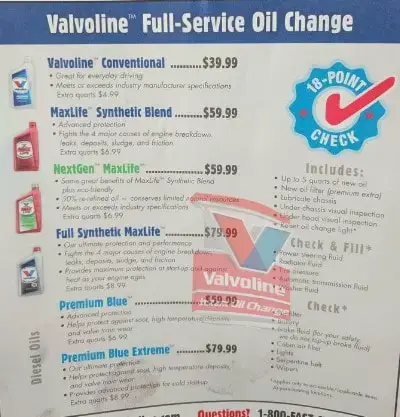 Valvoline Oil Change Prices