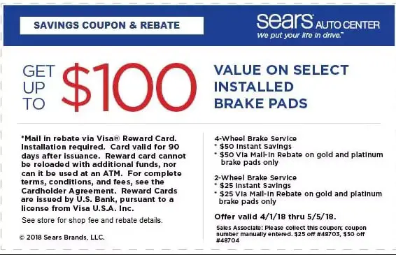 $100 OFF Sears Brake Pads Coupon April 2018