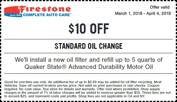 Firestone Standard Oil Change Coupon March 2018