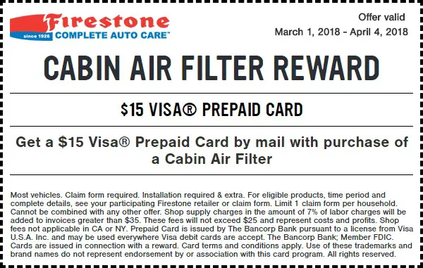 Firestone Cabin Air Filter Reward Coupon March 2018