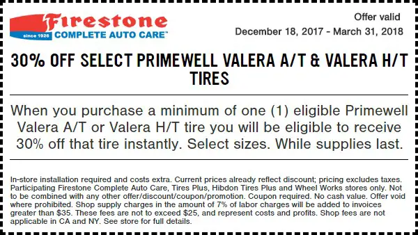 Firestone Primewell Valera Tire Coupon March 2018