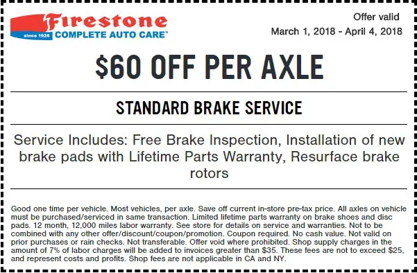 Firestone Standard Brake Service Coupon March 2018