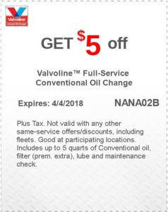 Valvoline Conventional Oil Change Coupon April 2018