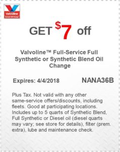 Valvoline Synthetic Oil Change Coupon APRIL 2018