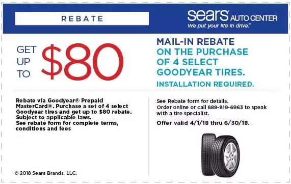 $80 rebate Goodyear tires Sears coupon April 2018
