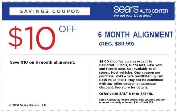 $10 Off Sears 6 Month Alignment Coupon April 2018