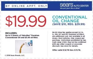 $19.99 Sears Conventional Oil Change Coupon April 2018