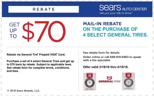 $70 OFF Sears Coupon General Tires Rebate April 2018