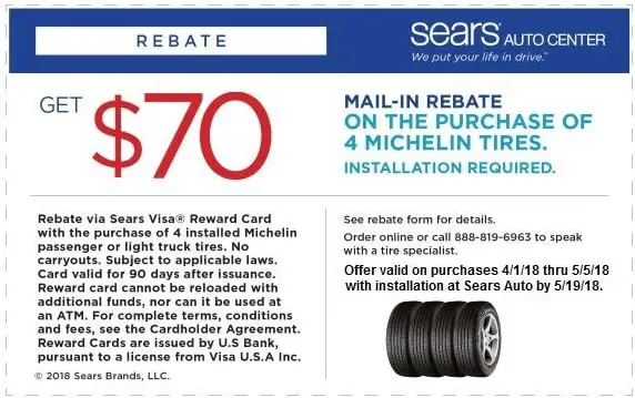 $70 Michelin Tire Rebate Sears Coupon April 2018