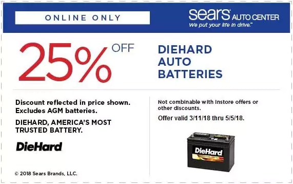 25% OFF Sears DieHard Battery Coupon April 2018