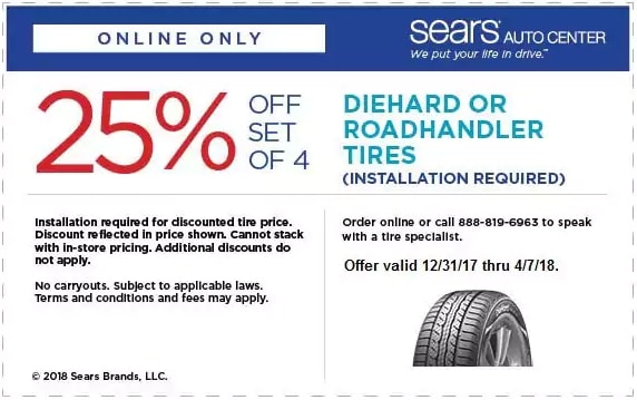 25% Sears DieHard RoadHandler Tires Coupon April 2018