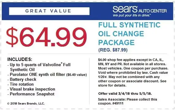 Sears Full Synthetic Oil Change Package Coupon April 2018