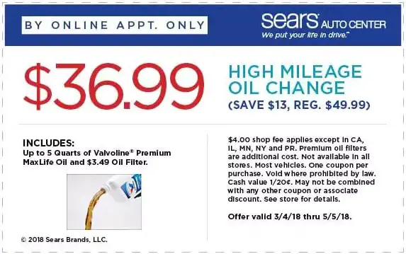 Sears High Mileage Oil Change Coupon April 2018