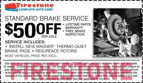 Use Firestone brake coupons to save up to 50% on brake pads replacement or resurface rotors