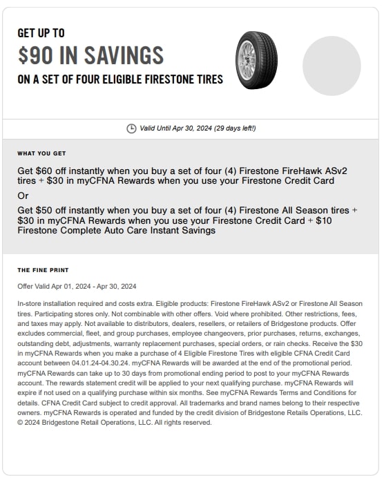 $90 off on set of four eligible firestone tires