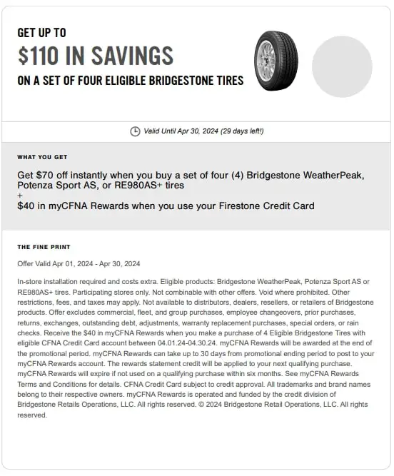 firestone $70 off instantly on set of four Bridgestone tires